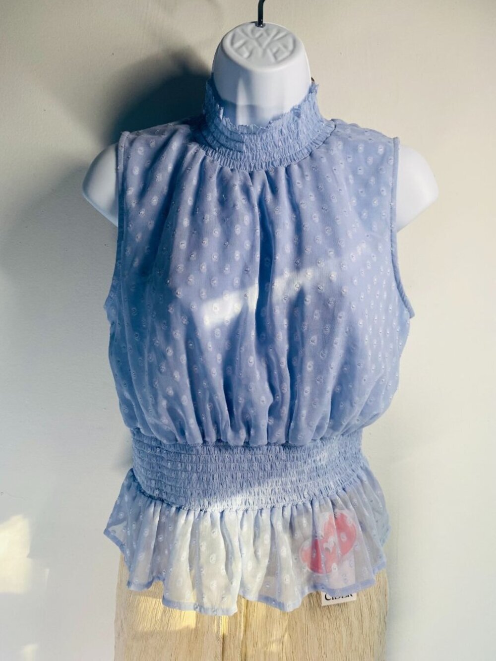Japna Blue Sleeveless Smocked Waist Swiss Dot Ruffle Hem Top L